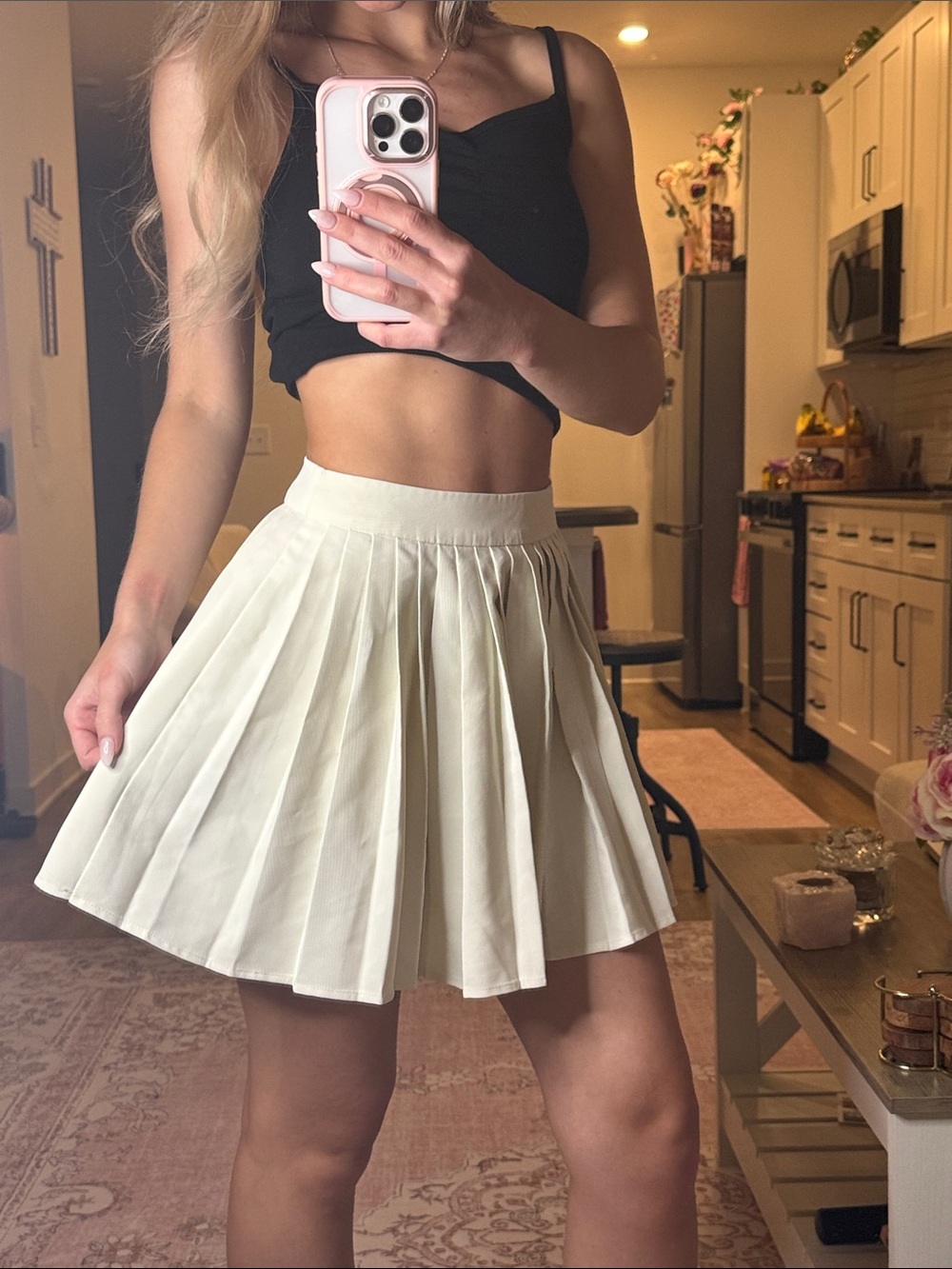 Commense Cream Pleated Skater Mini Skirt